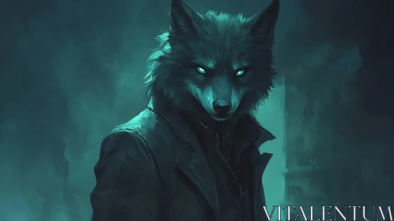 Luminous-eyed wolf humanoid in teal cinematic backlighting.