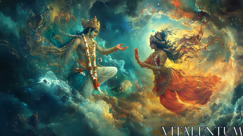 Divine celestial couple poised within swirling cosmic nebula