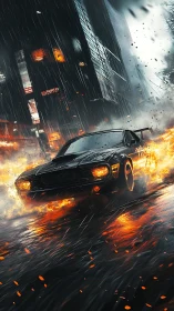 Muscle car drifts through rain with surrounding fire effects