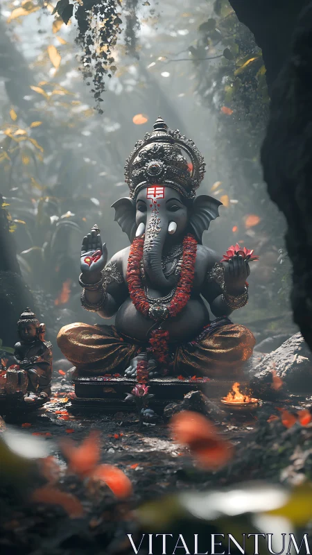 Lord Ganesha statue in forest shrine with ritual details.