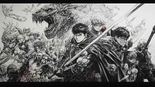 Armored swordsmen confront monstrous horde in dense battle line