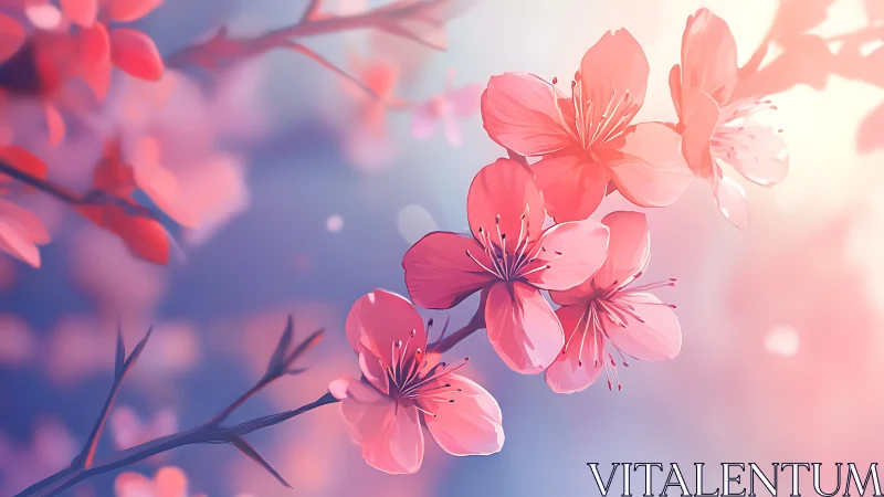 Soft pink cherry blossoms glow against blurred pastel sky