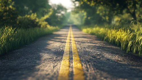 Rural asphalt road with yellow center line and natural landscape.