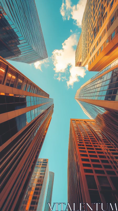 Skyscraper canyon vertical upshot with cyan orange color grade