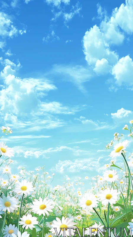 Cumulus-stratified sky over luminant chamomile meadowfield.