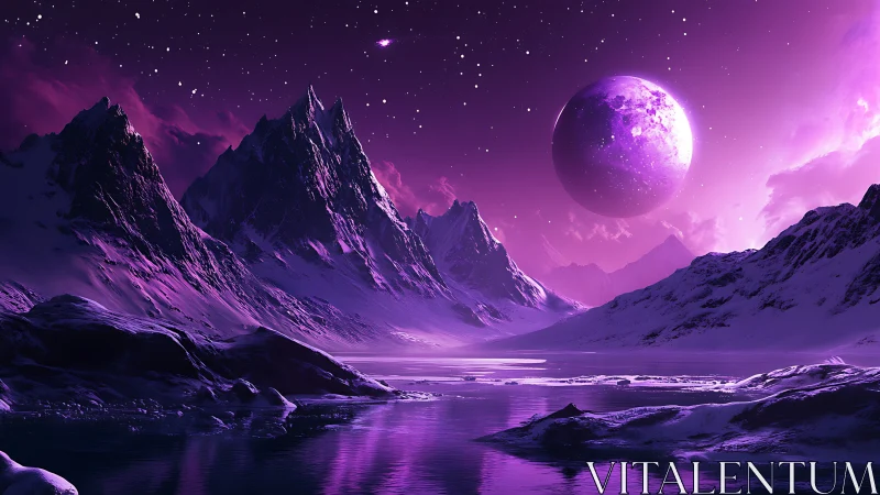 Purple alien mountains rise over icy lake beneath moon