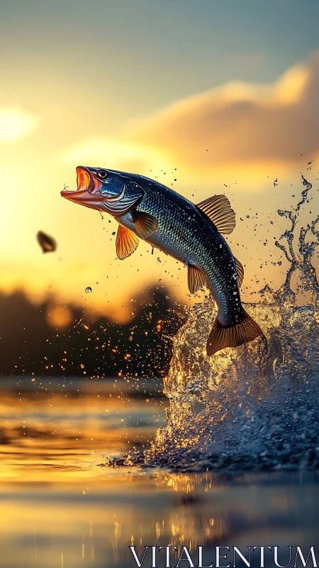 Leaping bass against molten sunset lake spray burst.