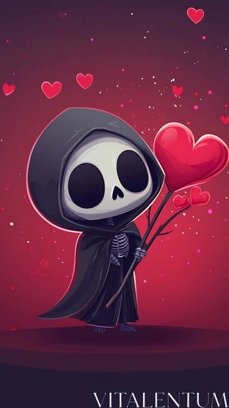Chibi grim reaper holding stylized heart-shaped balloon bouquet