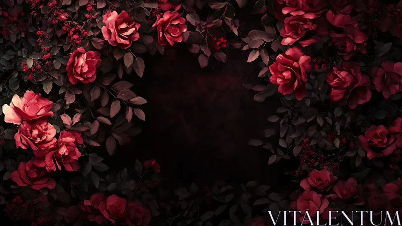 Deep Red Roses with Atmospheric Backlighting and Sculptural Foliage Composition