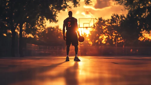 Sunset court dreams with a lone focused basketball player.
