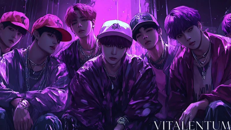 Neon-lit boy band poses in moody urban purple glow