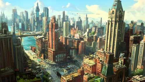 Sunlit futurist metropolis with riverside bridges and towers.