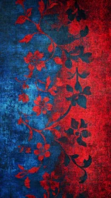 Floral vines divide textured red and blue abstract field.