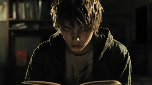 Young male subject reading book in dim interior setting.