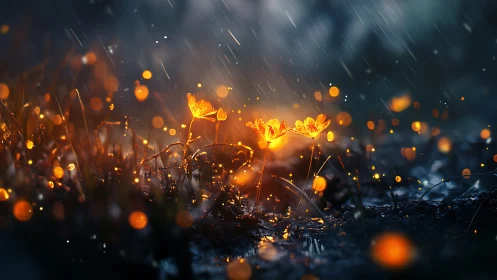 Luminous Flowers in Rain: Golden Glow Against Storm.