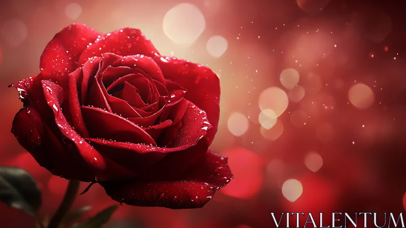 Red Rose with Dewdrops Against Luminous Bokeh Background.