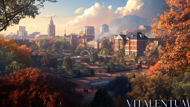 University campus park sits before modern city skyline