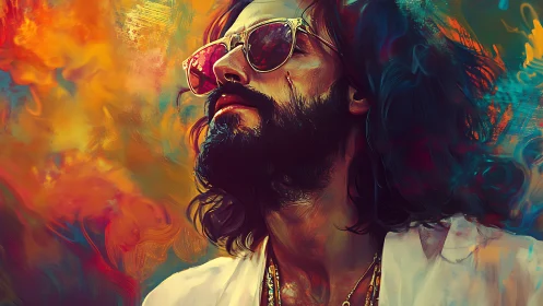 Bohemian bearded portrait in vivid abstract color field.