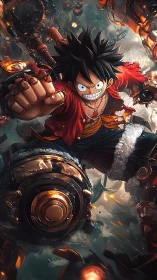 Dynamic anime brawler amid molten steampunk machinery storm.