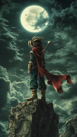 Lone anime swordsman surveys moonlit clouds from rocky pinnacle