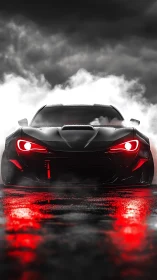 Midnight sports car glowing through stormy city mist.