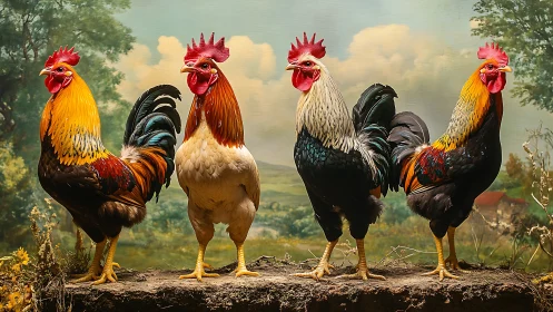 Five Roosters on Highland Ridge Overlooking Rural Valley Landscape