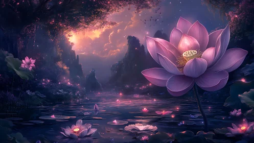 Luminous lotus blooms glow over tranquil twilight river.