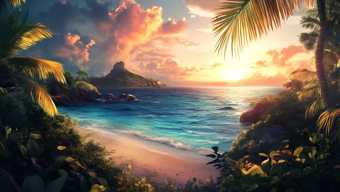 Tropical Paradise Sunset with Palm Framed Beach and Mountain.