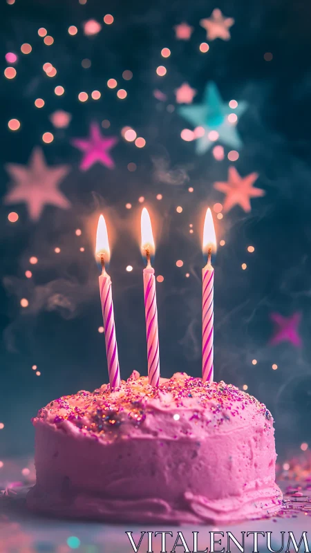 Birthday Cake with Three Pink Candles and Magical Star Bokeh.