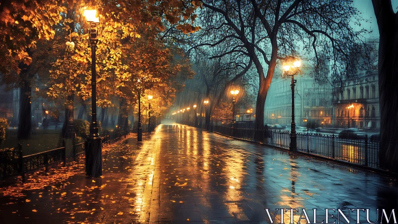 Rain-soaked autumn boulevard under sodium-vapor streetlights