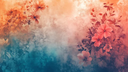 Flowers in Watercolor Gradient with Teal to Coral Transition