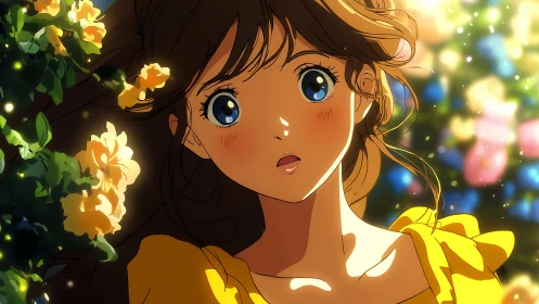 Backlit anime girl reacts amid bokeh flora and warm rim light