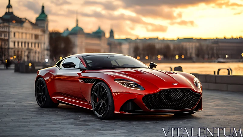 Sunset city streets meeting sleek crimson sports coupe.