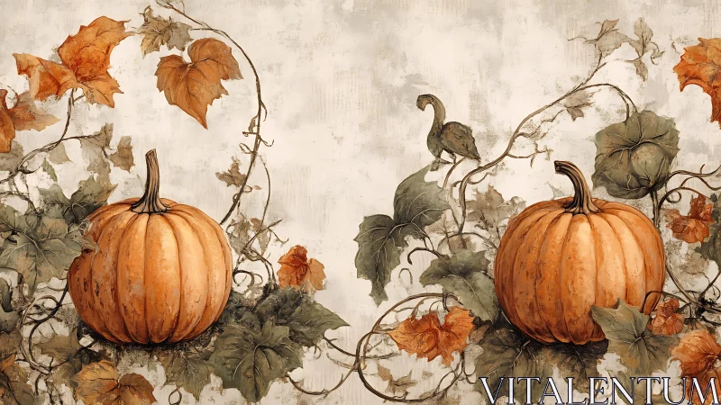 Autumn pumpkins and curling vines form rustic harvest art.