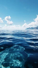 Calm ocean surface reveals submerged rock under clear midday sky