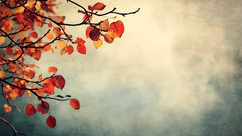 Autumn tree branch with orange leaves in soft vintage style.