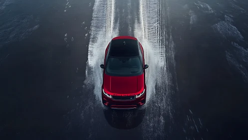 Red SUV powers through shallow water from aerial view.