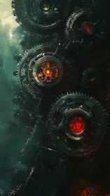 Radial fusion cores within submerged mechanoid gear lattice.