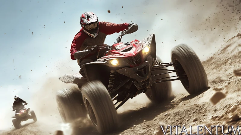 Quad bike rider powers through dusty off road track.