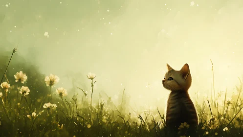 Young kitten contemplates blooming meadow's golden mysteries in sunrise glow