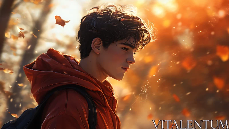 Pensive youth in autumn light rendered as luminous digital art