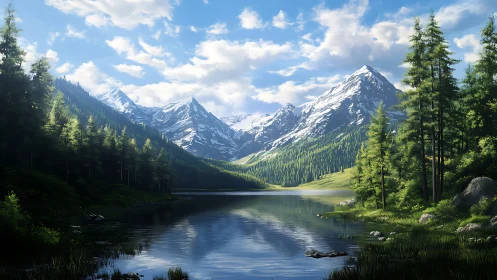 Snow-capped mountain range above reflective alpine lake.