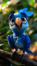 Blue cartoon parrot perches on branch in lush jungle light