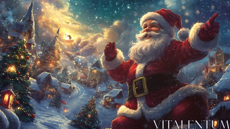 Snow-sparkled Santa conducts a twinkling Christmas village