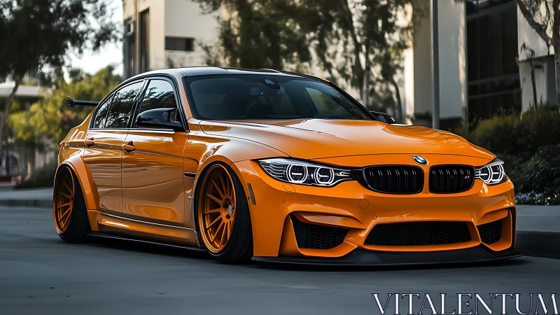 Widebody orange BMW M3 sedan with extreme stance and aero kit