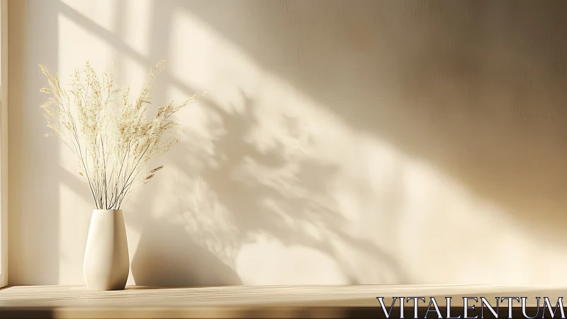White vase with dry grass casting sharp shadow on wall