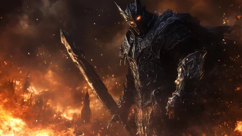 Infernal dark knight in molten armor over burning wasteland.