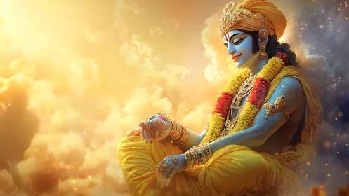 Divine blue-skinned deity meditating in radiant golden clouds