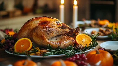 Roasted holiday turkey with citrus garnish and candlelit table.