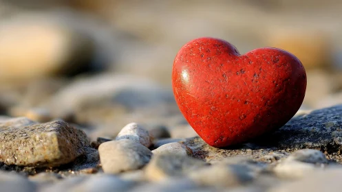 Red heart-shaped stone with sedimentary texture positioned on granular beach substrate